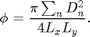 $$
\phi=\displaystyle\frac{\pi\sum_n D_n^2}{4 L_x L_y}.
$$